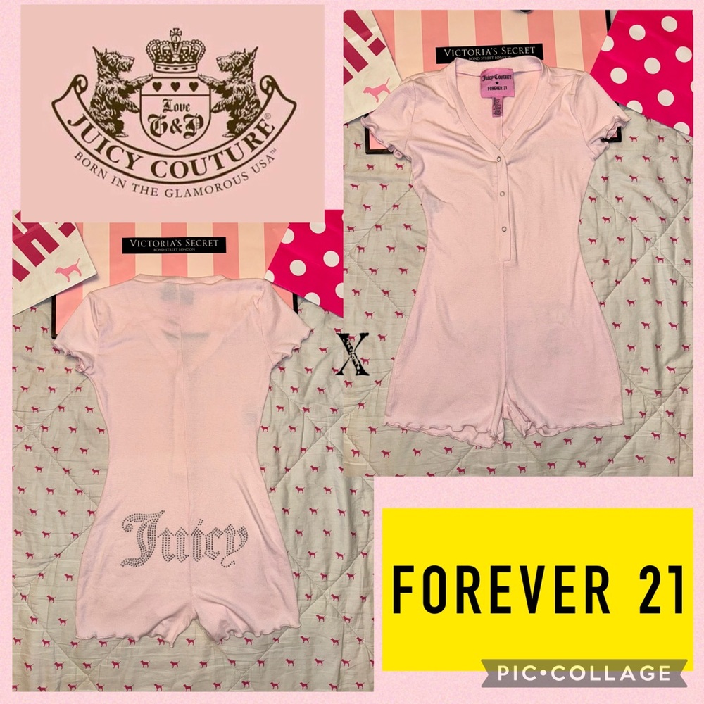 JUICY COUTURE X FOREVER 21 Y2K RIBBED SOFT ROMPER PINK BLING RHINESTONE LOGO SM